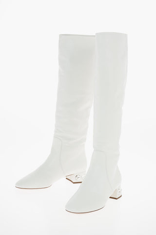 3cm Leather Pull On Knee Length Boots with Jewel Heel