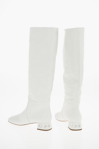 3cm Leather Pull On Knee Length Boots with Jewel Heel
