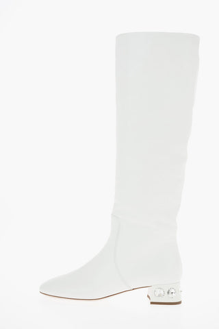 3cm Leather Pull On Knee Length Boots with Jewel Heel