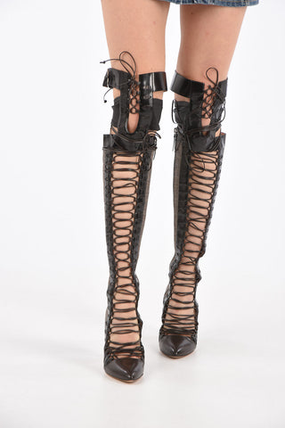 Over-the-knee lace up boots in pelle e tessuto Point toe 11cm