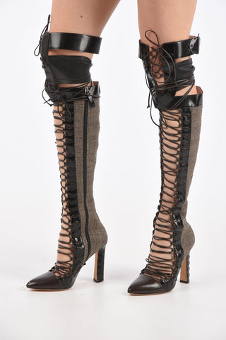 Over-the-knee lace up boots in pelle e tessuto Point toe 11cm