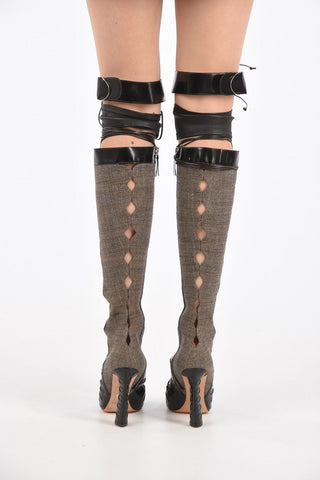 Over-the-knee lace up boots in pelle e tessuto Point toe 11cm