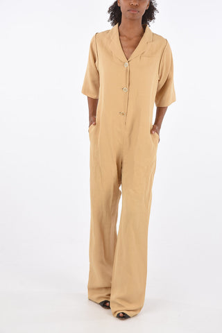 Jumpsuit 3 bottoni in misto lino con scollo a V