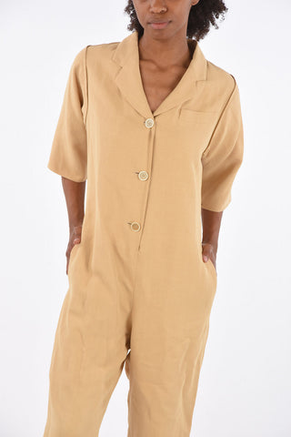 Jumpsuit 3 bottoni in misto lino con scollo a V