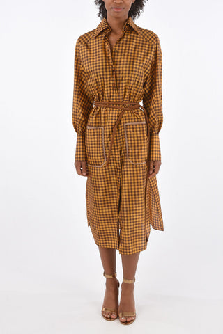 vichy silk double split-side hem midi shirtdress with Belt