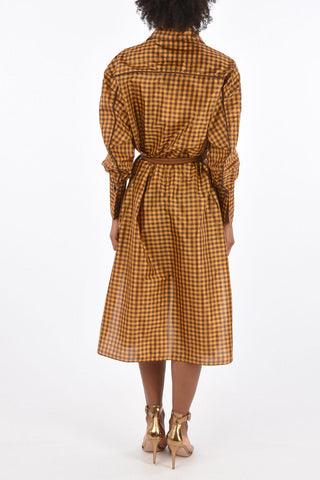 vichy silk double split-side hem midi shirtdress with Belt