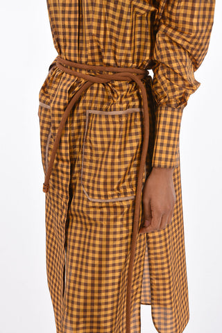 vichy silk double split-side hem midi shirtdress with Belt