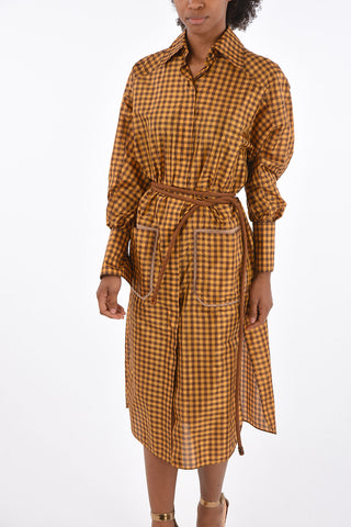 vichy silk double split-side hem midi shirtdress with Belt