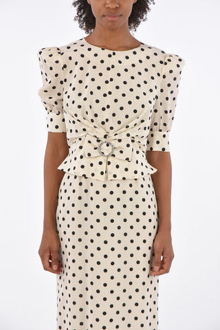 polka dot silk midi dress with Crystal Buckle