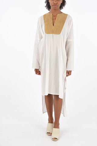 double split-side hem asymmetric caftan with Suede Leather Detail