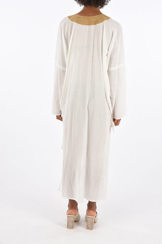 double split-side hem asymmetric caftan with Suede Leather Detail