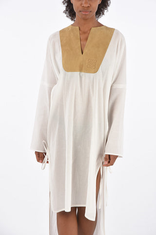 double split-side hem asymmetric caftan with Suede Leather Detail