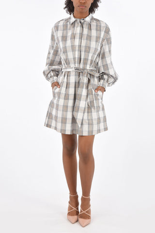 district check Long Lantern Sleeve AUBREE shirtdress with Belt