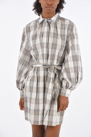 district check Long Lantern Sleeve AUBREE shirtdress with Belt