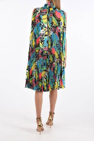 Printed Accordion Tie Neck Shirt-Dress