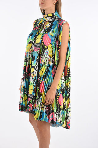 Printed Accordion Tie Neck Shirt-Dress