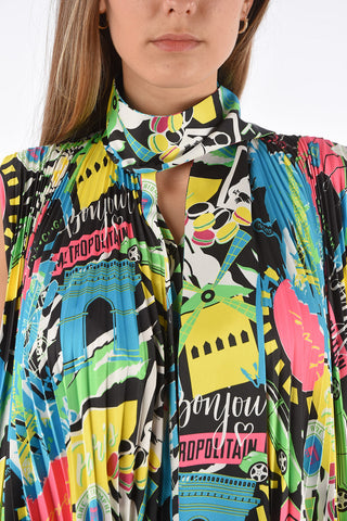 Printed Accordion Tie Neck Shirt-Dress