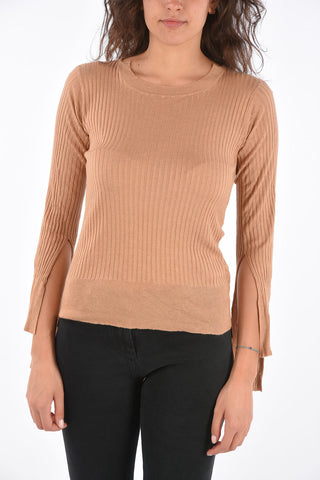 Ribbed Crewneck Sweater with Asymmetrical Sleeve