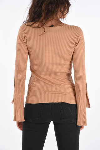 Ribbed Crewneck Sweater with Asymmetrical Sleeve
