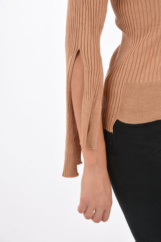 Ribbed Crewneck Sweater with Asymmetrical Sleeve