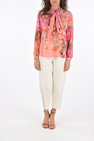 Floral Printed Silk Tie Neck Shirt