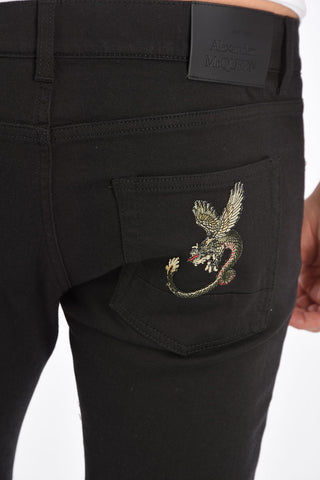 jeans con ricamo in denim stretch 15cm