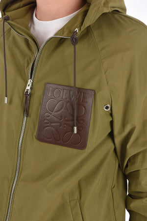 hooded outerwear with leather detail