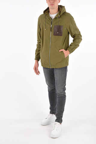 hooded outerwear with leather detail