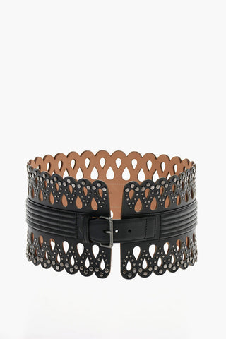 120mm studded leather waist belt with laser cut details