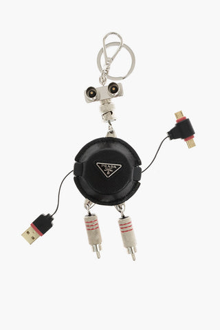 metal and saffiano leather robot keyring with usb cables