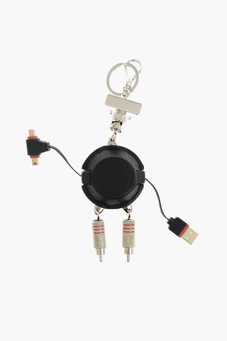 metal and saffiano leather robot keyring with usb cables
