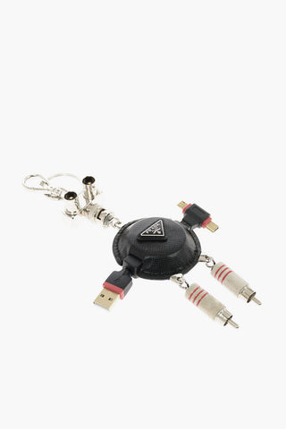 metal and saffiano leather robot keyring with usb cables