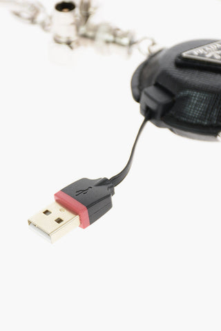 metal and saffiano leather robot keyring with usb cables