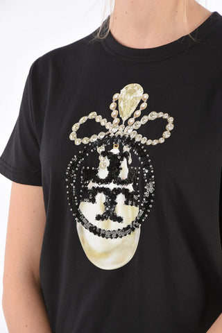 T-Shirt con Logo Ricamato in Paillettes