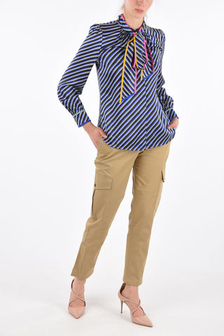 Silk Striped Tie Neck Shirt