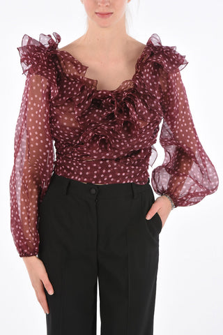 Polka Dot Silk Cascade Collar Blouse