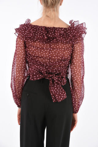 Polka Dot Silk Cascade Collar Blouse
