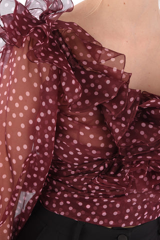 Polka Dot Silk Cascade Collar Blouse
