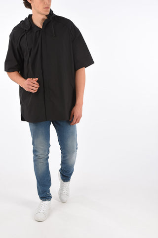 mandarin collar oversized shirt with removable hood