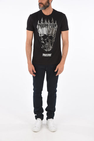 HOMME Crew-neck t-shirt with rhinestone embellished skull