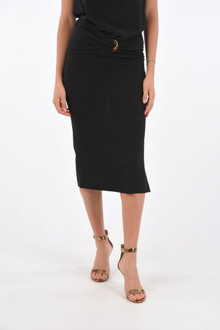 split-side hem midi pencil skirt with golden Porthole