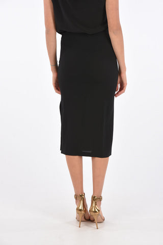 split-side hem midi pencil skirt with golden Porthole