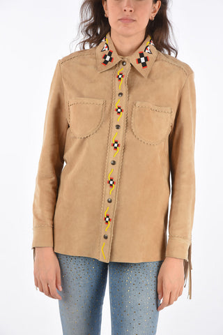 fringed suede leather snap button shirt