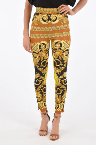 anthemion-print high-rise waist straight pants with ankle zip