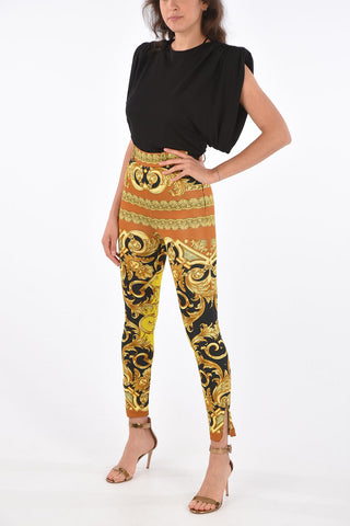 anthemion-print high-rise waist straight pants with ankle zip
