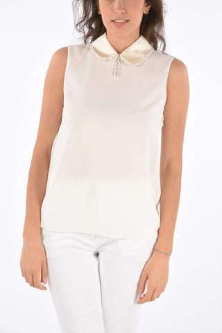 sheer top con colletto e perle