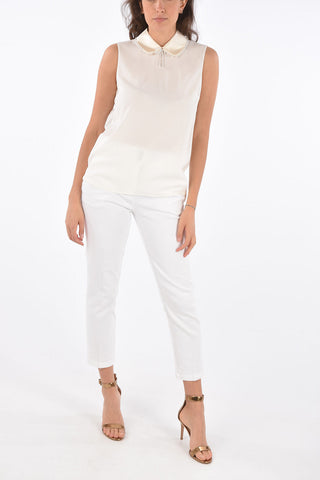 sheer top con colletto e perle