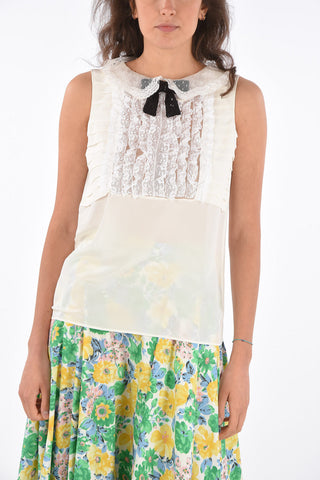 camicia rouches cannolé in seta con dettagli in pizzo