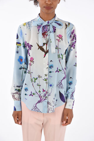Floral Printed Silk Tie Neck Shirt