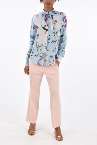 Floral Printed Silk Tie Neck Shirt